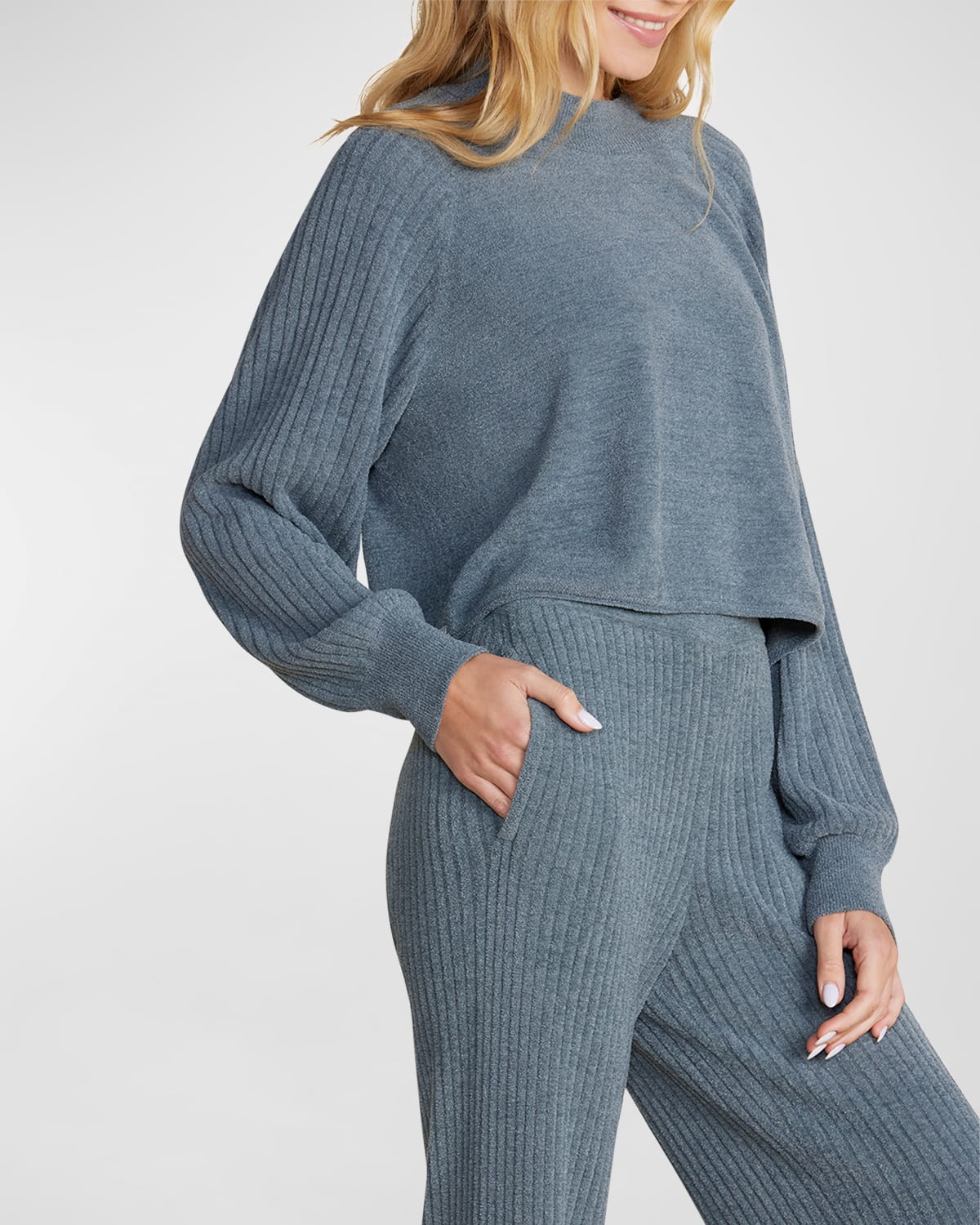 Shop Barefoot Dreams Cozychic Ultra Lite Ribbed Mock-neck Pullover In Blue Cove