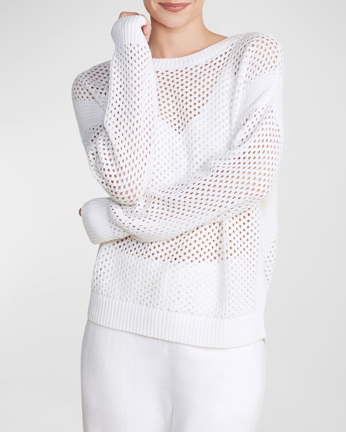Shop Barefoot Dreams Sunbleached Open-stitch Cotton Pullover In Pearl