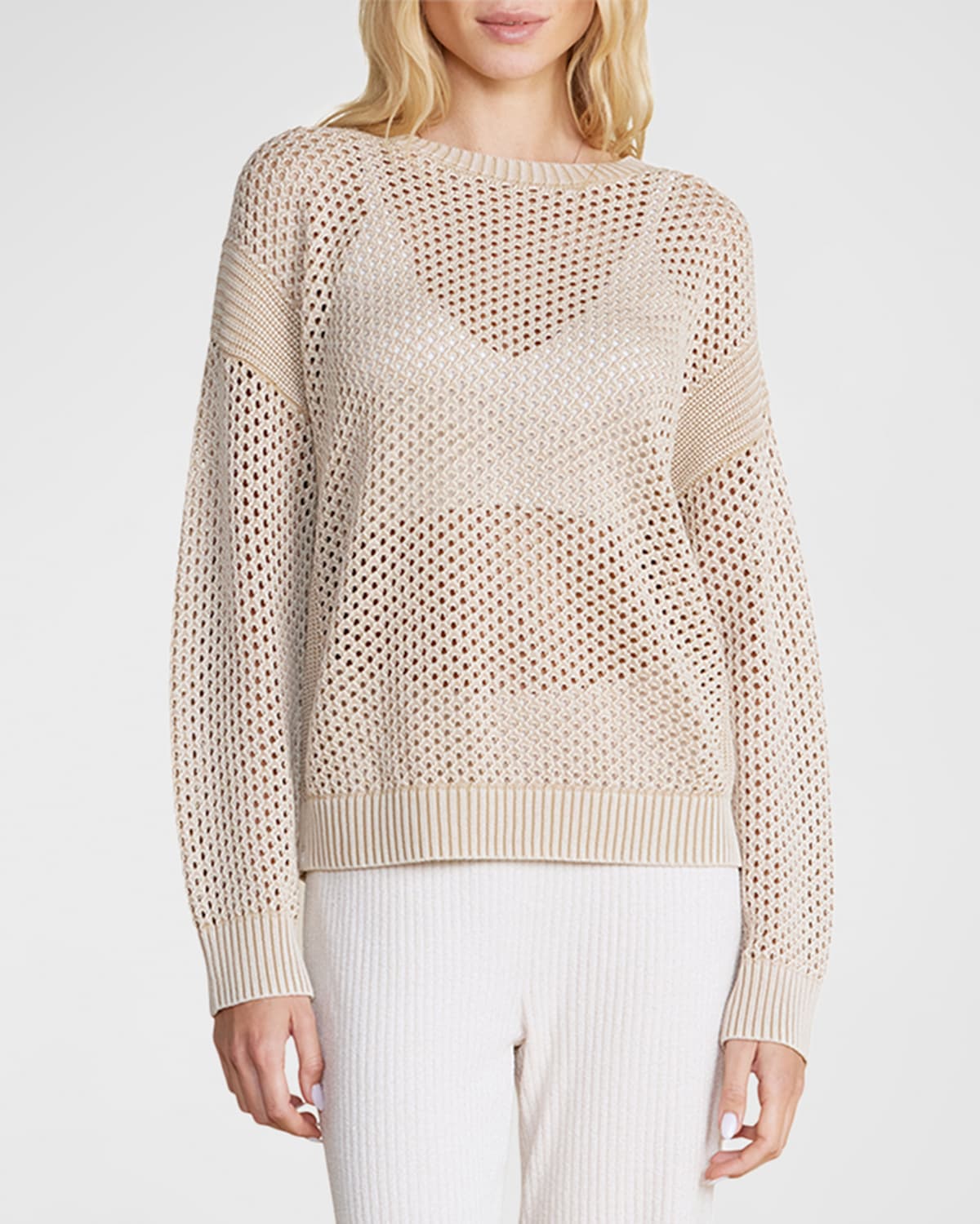 Shop Barefoot Dreams Sunbleached Open-stitch Cotton Pullover In Stone