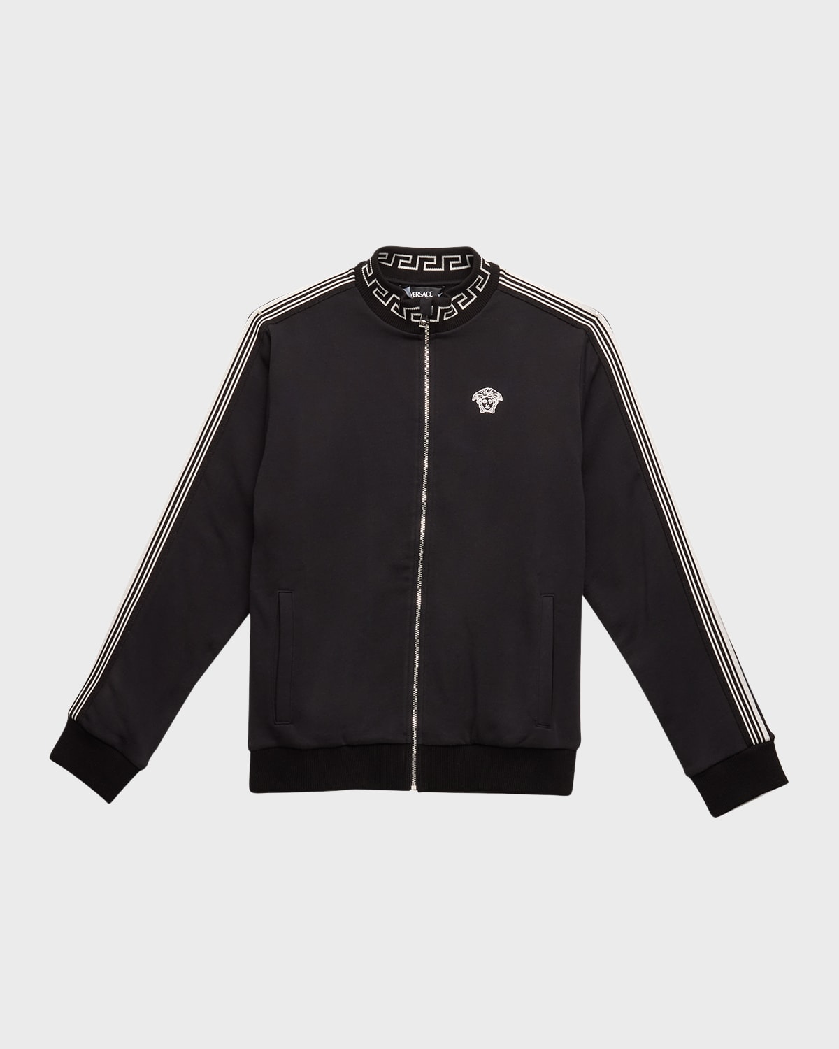 Versace Boy's Greca Trim Collared Jacket In Black/white