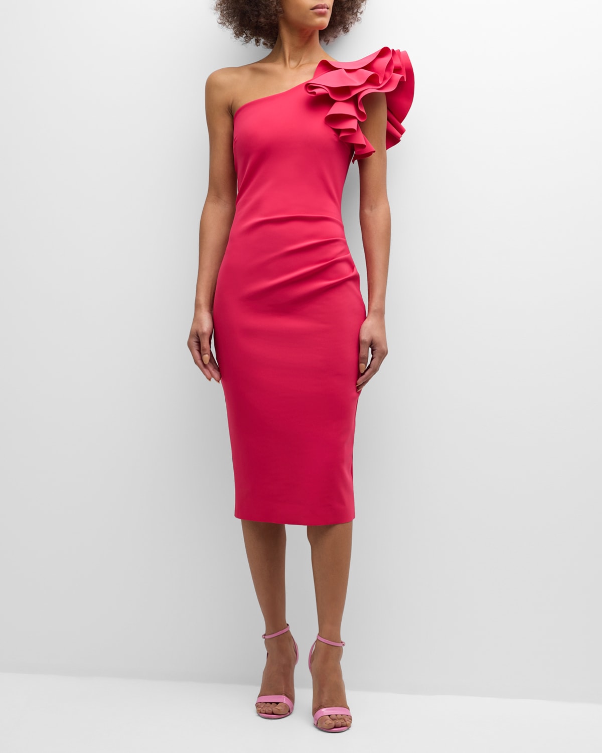 Shop Chiara Boni La Petite Robe One-shoulder Bodycon Ruffle Midi Dress In Pink