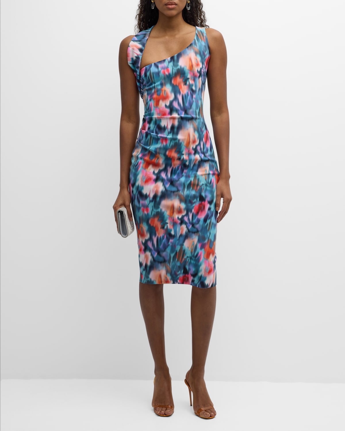 Shop Chiara Boni La Petite Robe Ruched Asymmetric Bodycon Midi Dress In Summer Wave