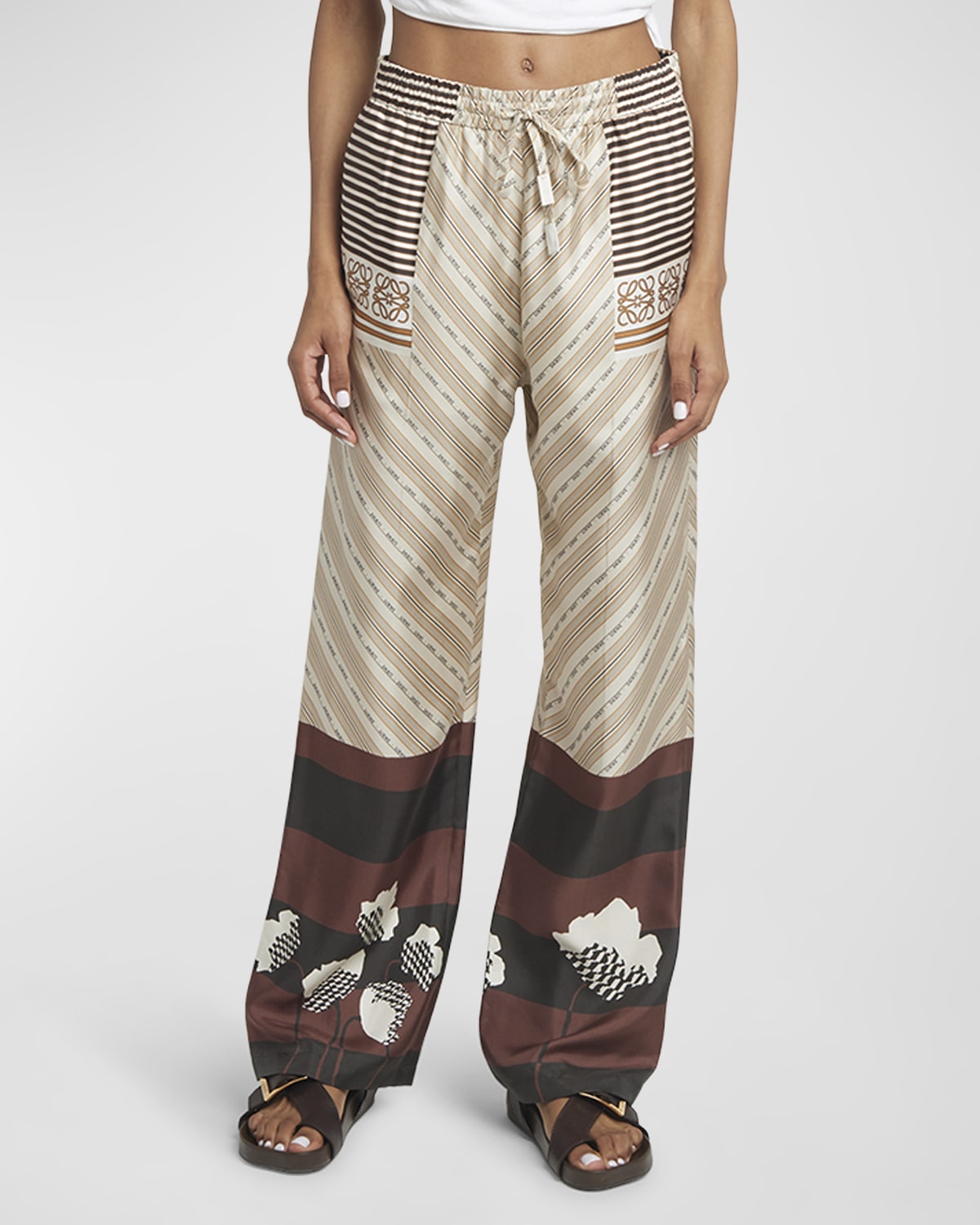 Shop Loewe X Paula Ibiza Anagram Striped Silk Straight-leg Pajama Trousers In Lt Beig Mu