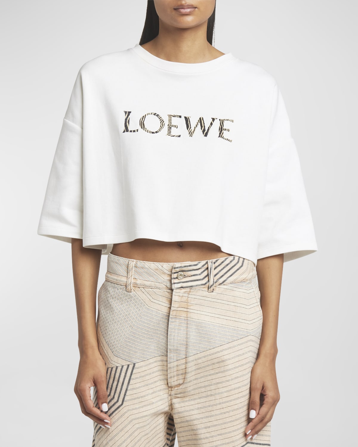 Shop Loewe X Paula Ibiza Raffia Logo Crop T-shirt In Off White