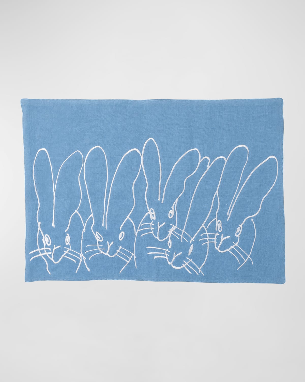 Hunt Slonem Band Of Bunnies Embroidered Linen Placemat In Blue