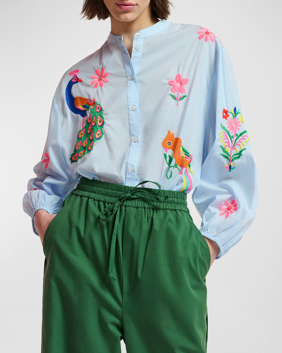 Shop Essentiel Antwerp Felhi Multicolor Embroidered Organic Cotton Button-front Shirt In Middle Blue