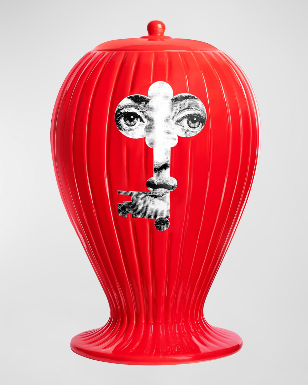 Fornasetti Serratura Red Ribbed Vase In Blackwhite On Red