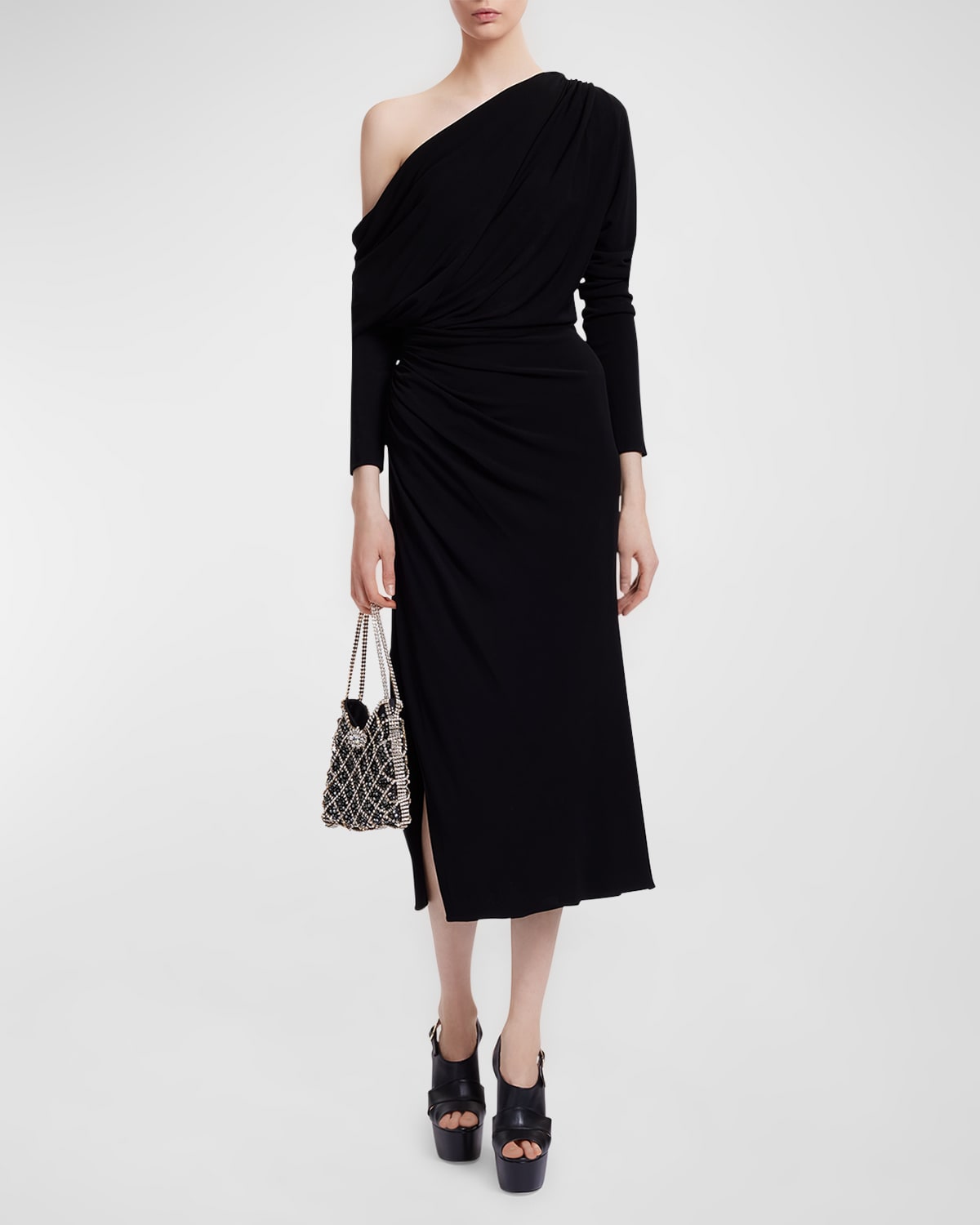 One-Shoulder Long-Sleeve Draped Jersey Midi Dress