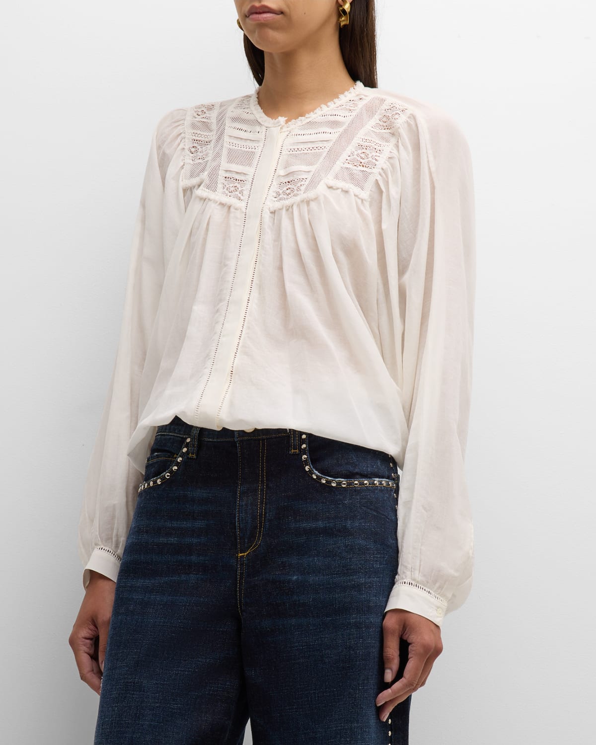 Dorothee Schumacher Stunning Dream Ruched Lace-yoke Blouse In 110 - Camellia White