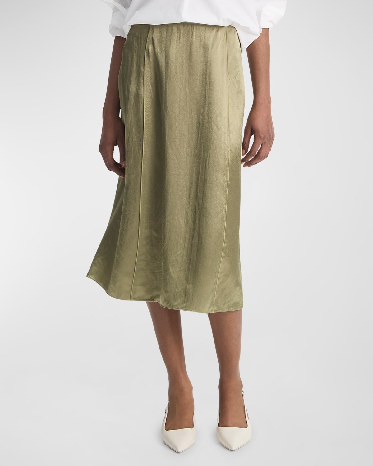 Vince Crushed Satin Straight Midi Skirt In Green
