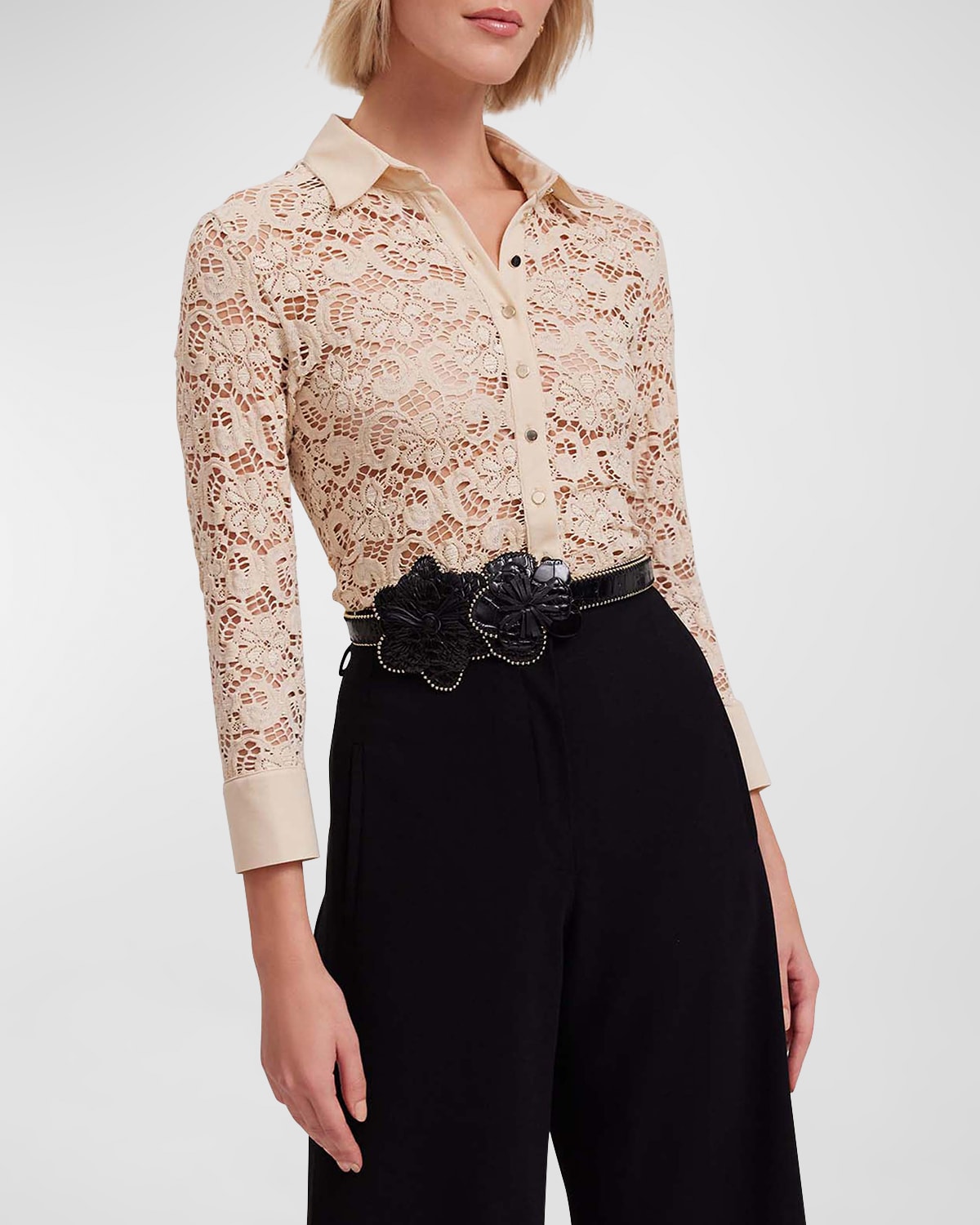Amazone Button-Down Floral Lace Shirt