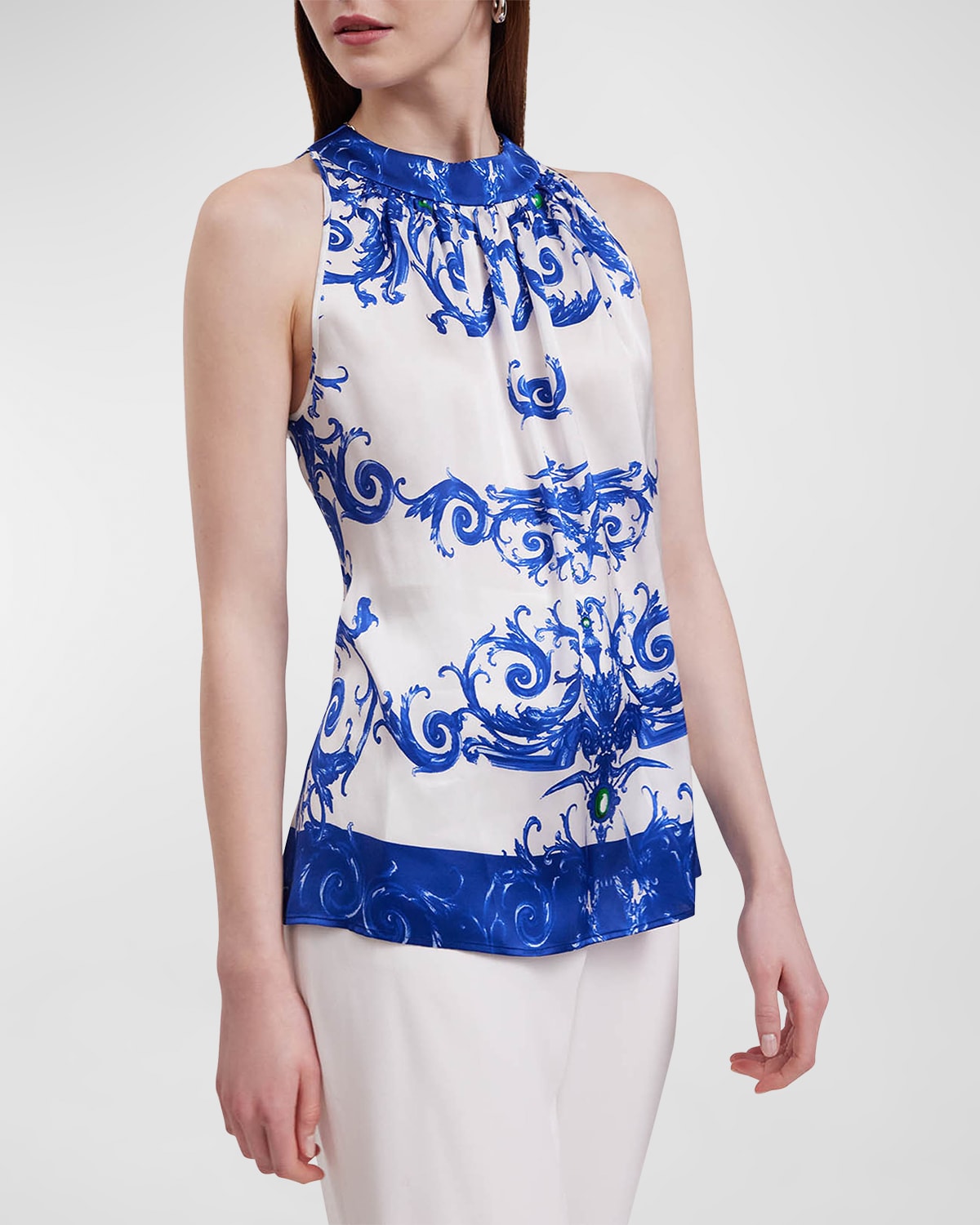 Shop Anne Fontaine Prado Arabesque Silk Halter Top In Denim Blue