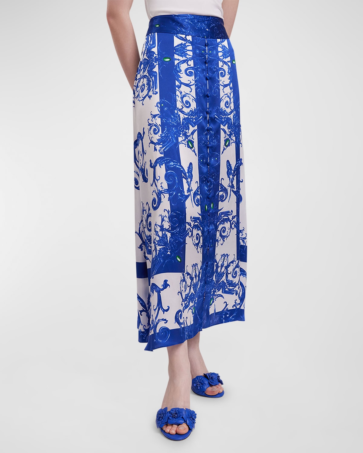 Shop Anne Fontaine Zellige Arabesque-print A-line Maxi Skirt In Denim Blue