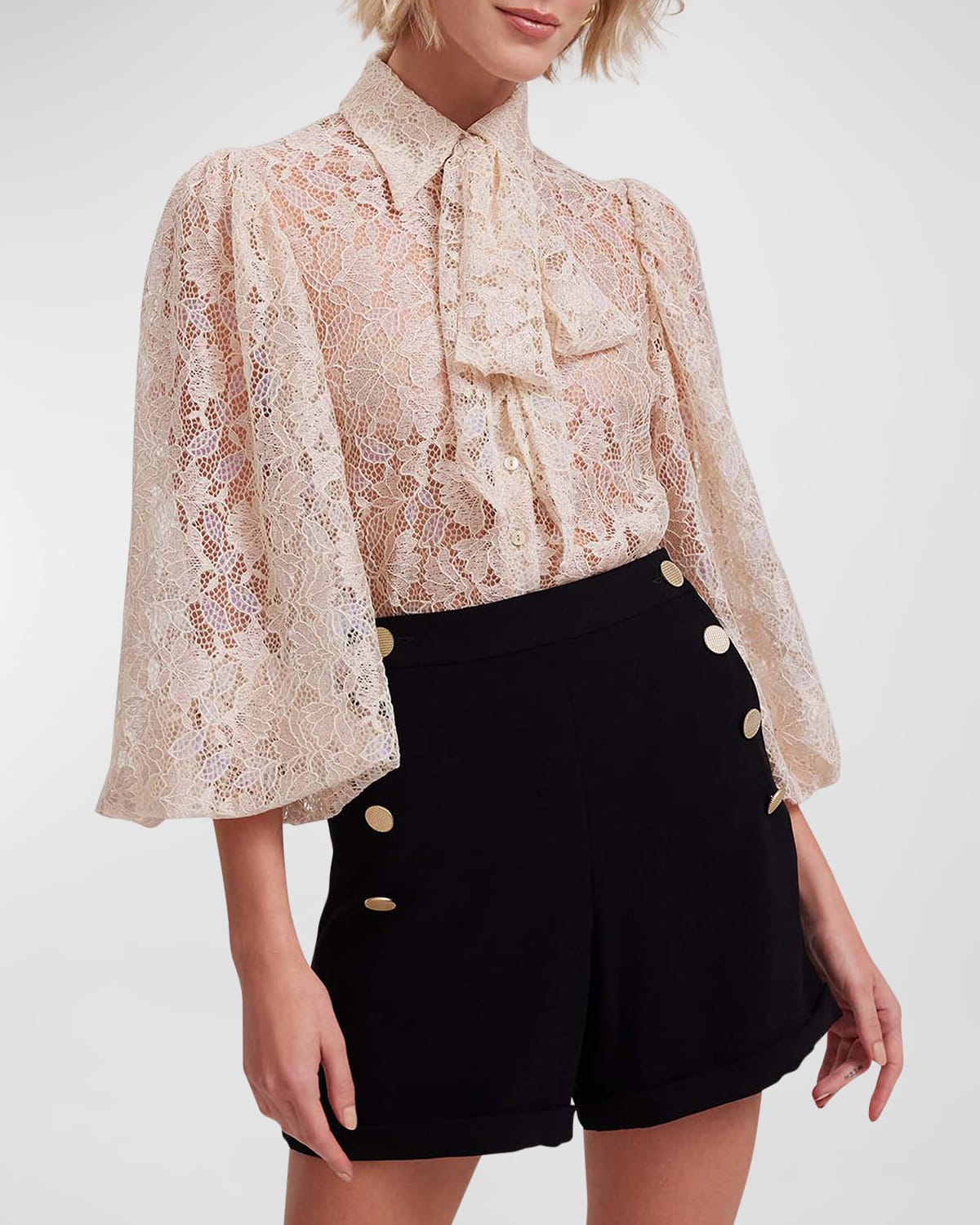 Shop Anne Fontaine Helene Blouson-sleeve Floral Lace Shirt In Light Pink