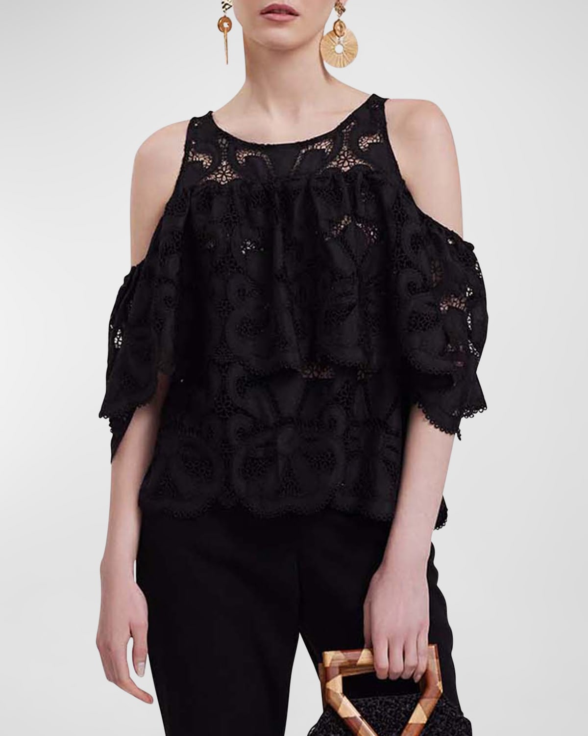Shop Anne Fontaine Monique Cold-shoulder Ruffle Sheer Lace Blouse In Black