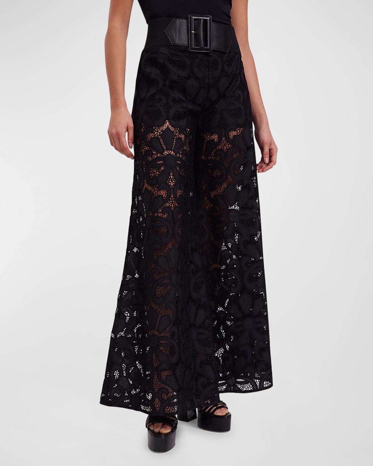 Shop Anne Fontaine Clotilde Wide-leg Floral Lace Pants In Black