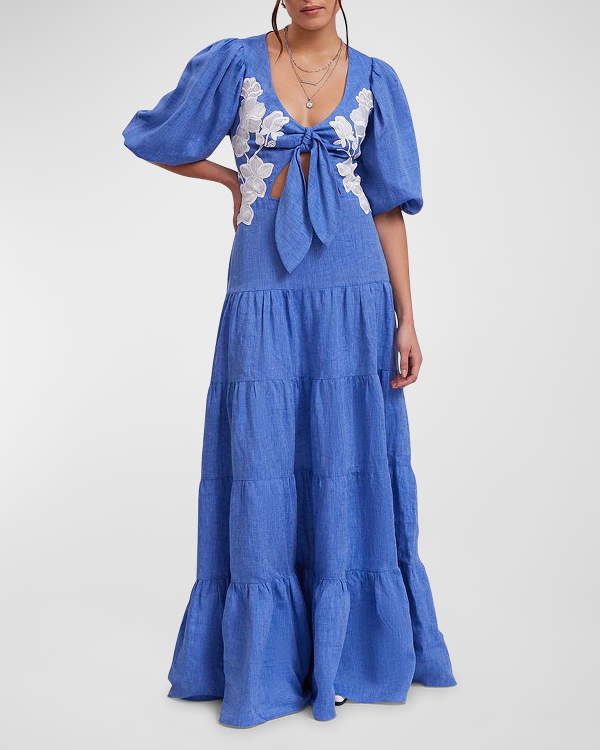 Gaelle Embroidered Cutout Tiered Maxi Dress
