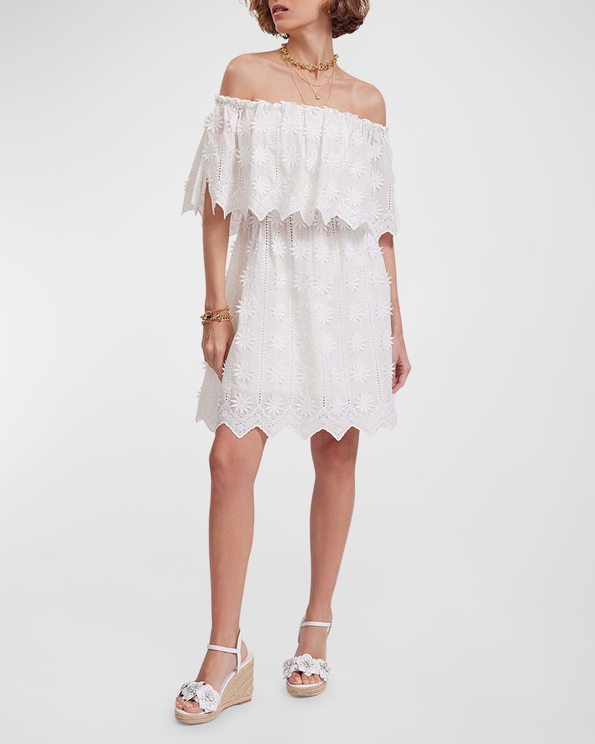 Shop Anne Fontaine Garrigue Off-shoulder Applique Midi Dress In White