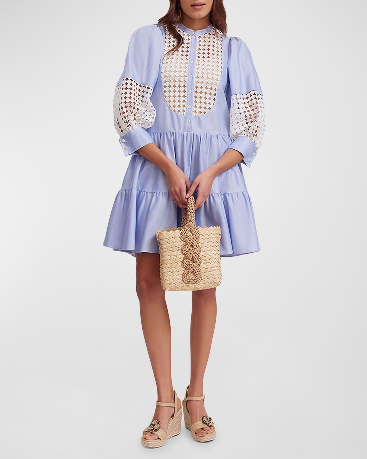 Shop Anne Fontaine Ventoux Tiered Lace-inset Mini Dress In Sky Blue