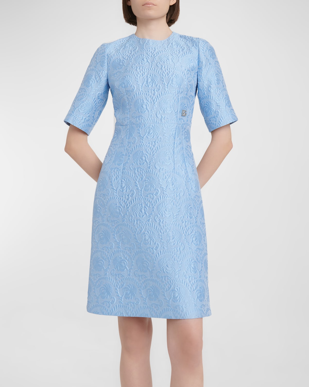 Dolce & Gabbana Floral Jacquard Matelasse Mini Dress With Dg Pin In Blue