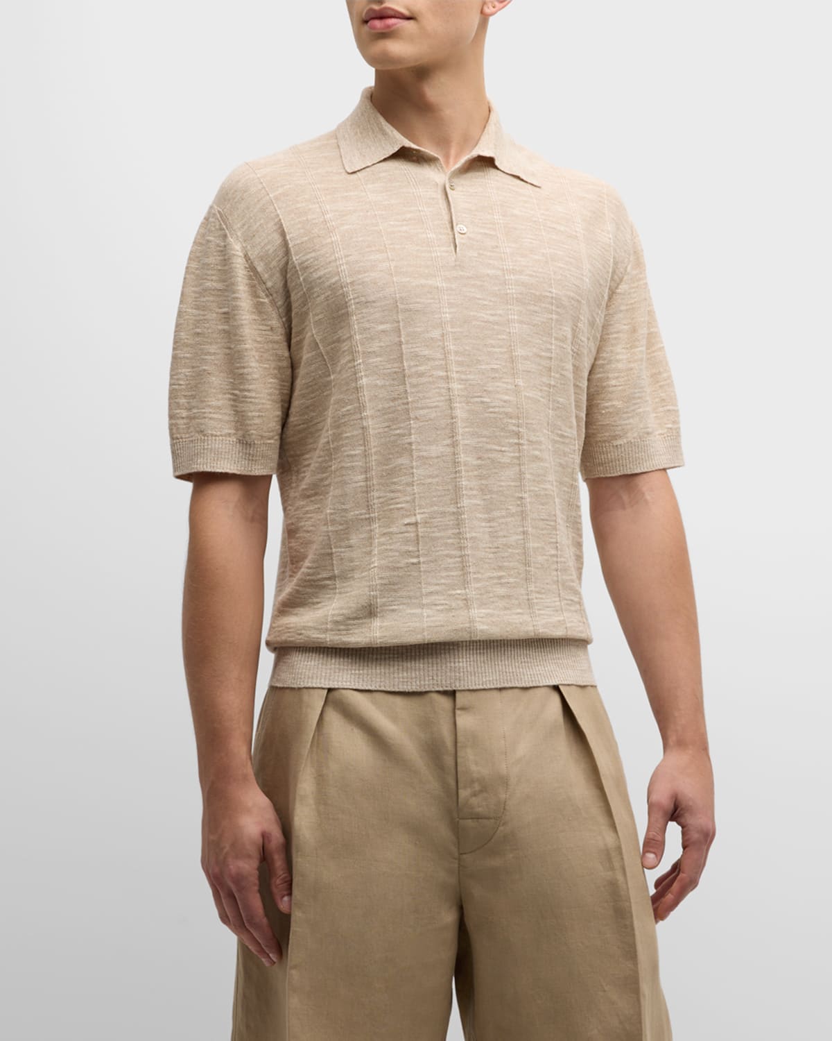 Loro Piana Men's Tori Flax-silk Jacquard Polo Shirt In Neutral