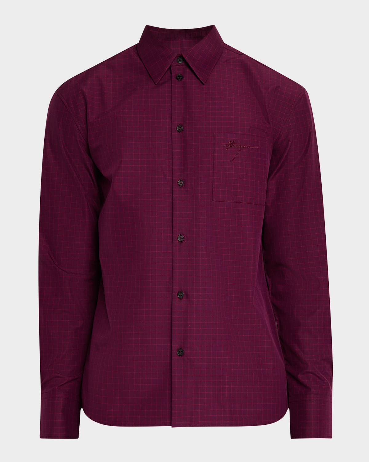 Ferragamo Men's Grid Check Pocket Logo Sport Shirt In Oxblood/ne