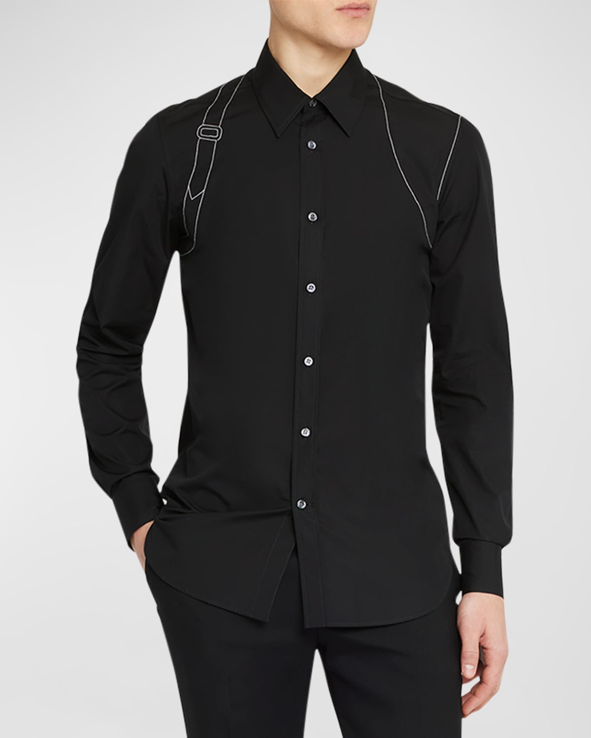 Shop Alexander Mcqueen Men's Contrast-stitch Harness Dress Shirt In Black