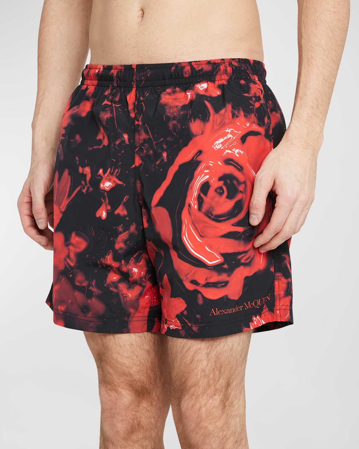 Shop Alexander Mcqueen Men's Wax Floral Swim Shorts In Black/red