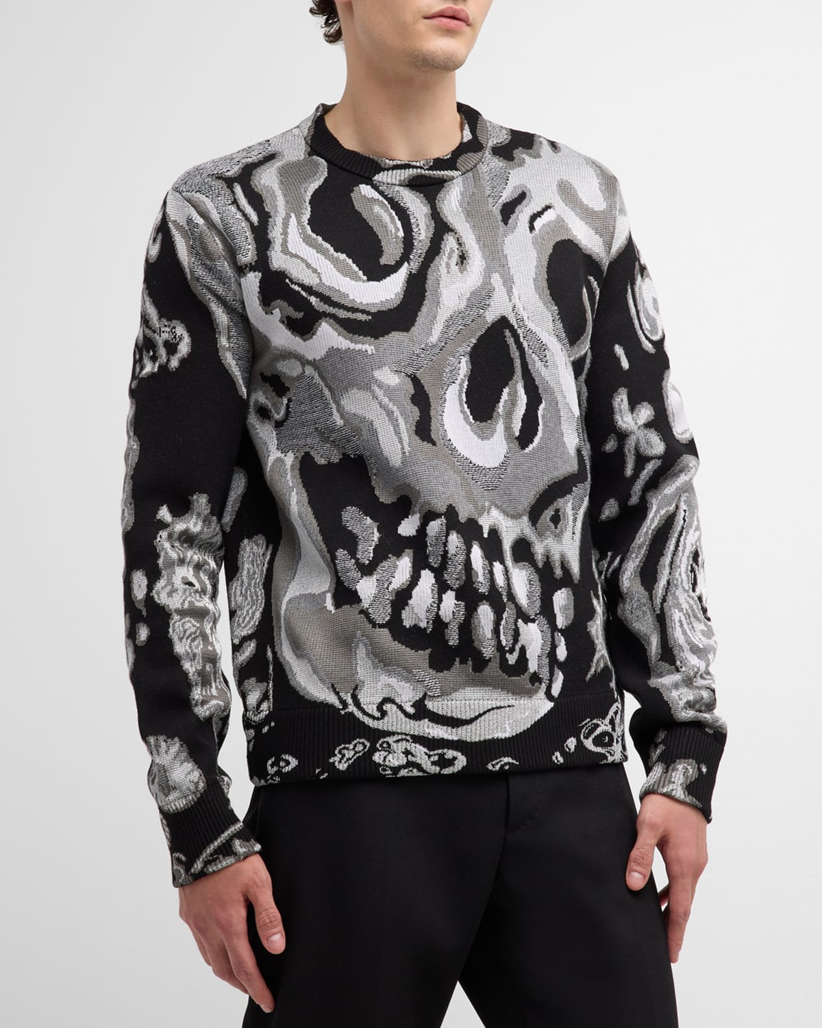 Alexander Mcqueen Men's Wax Floral Skull Jacquard Sweater In Black