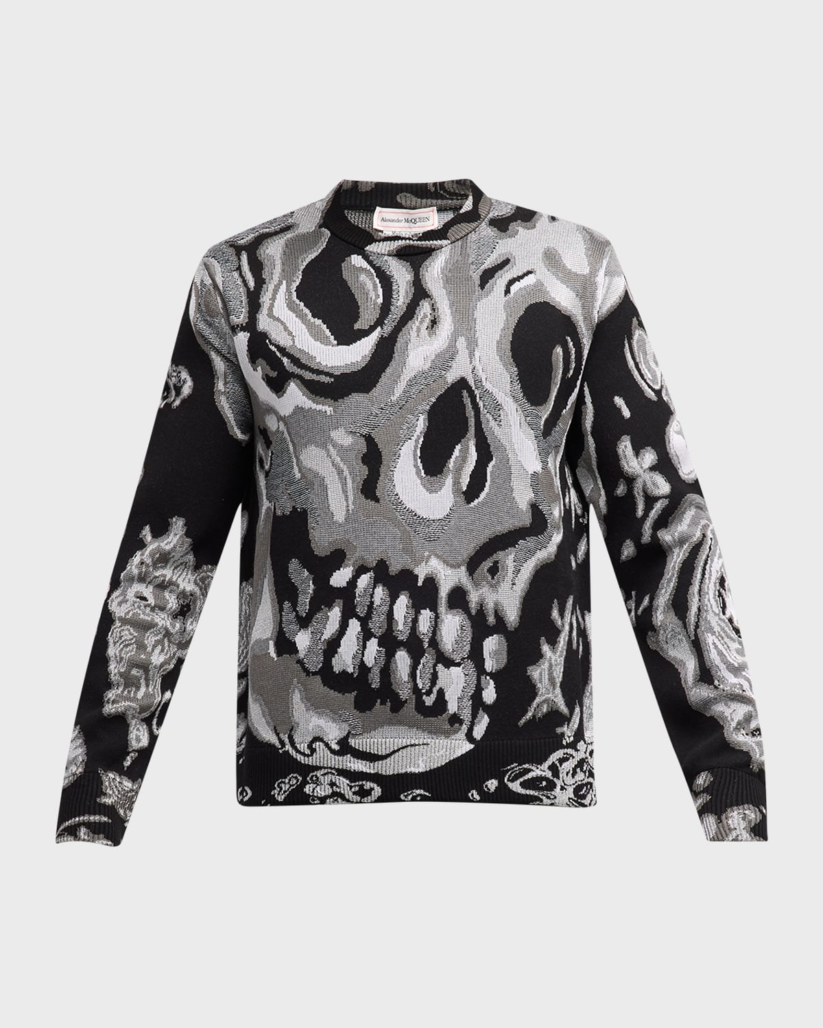 Alexander Mcqueen Men's Wax Floral Skull Jacquard Sweater In Black