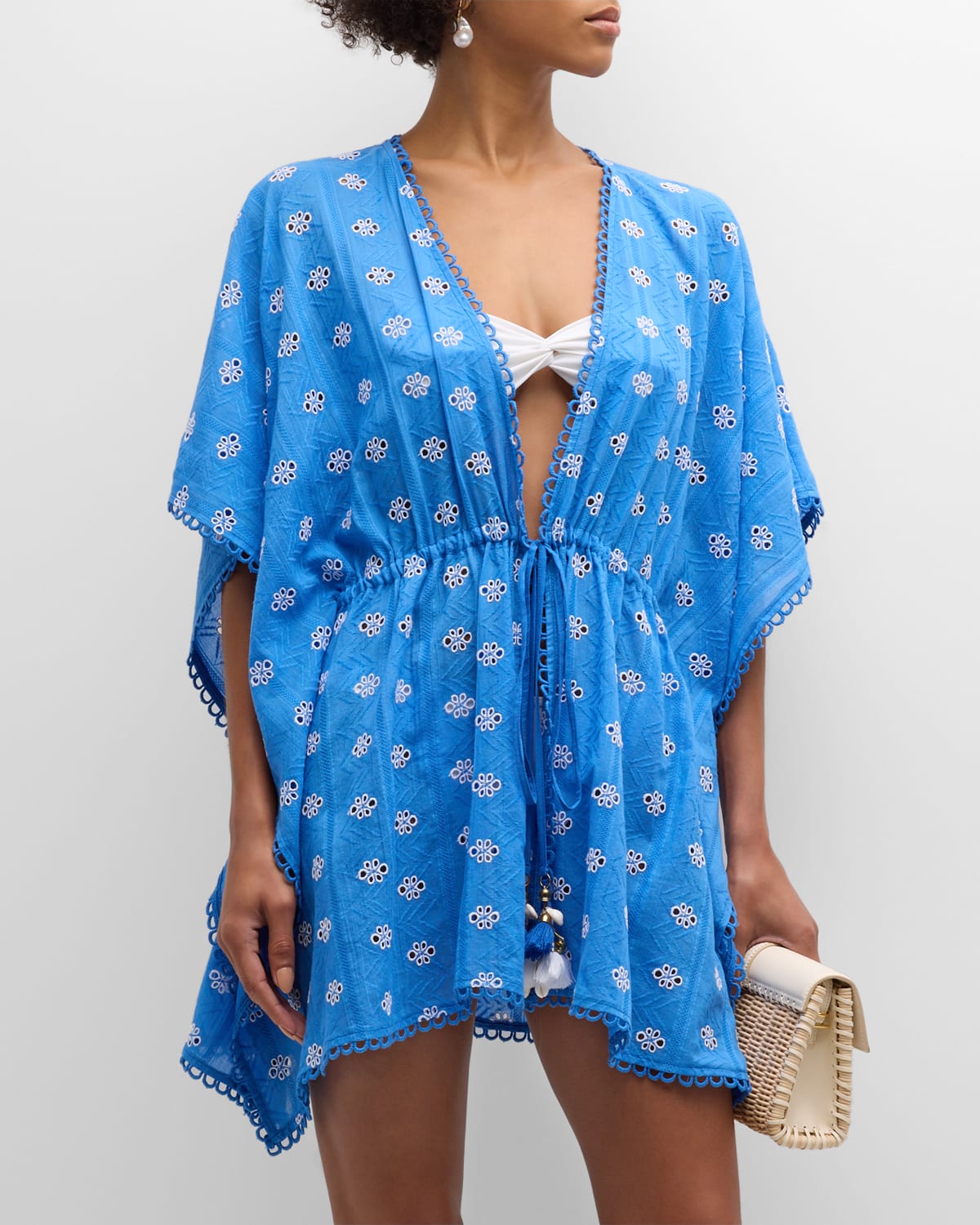 Shop Ramy Brook Zelma Embroidered Caftan Coverup In Serene Bluewhite Combo
