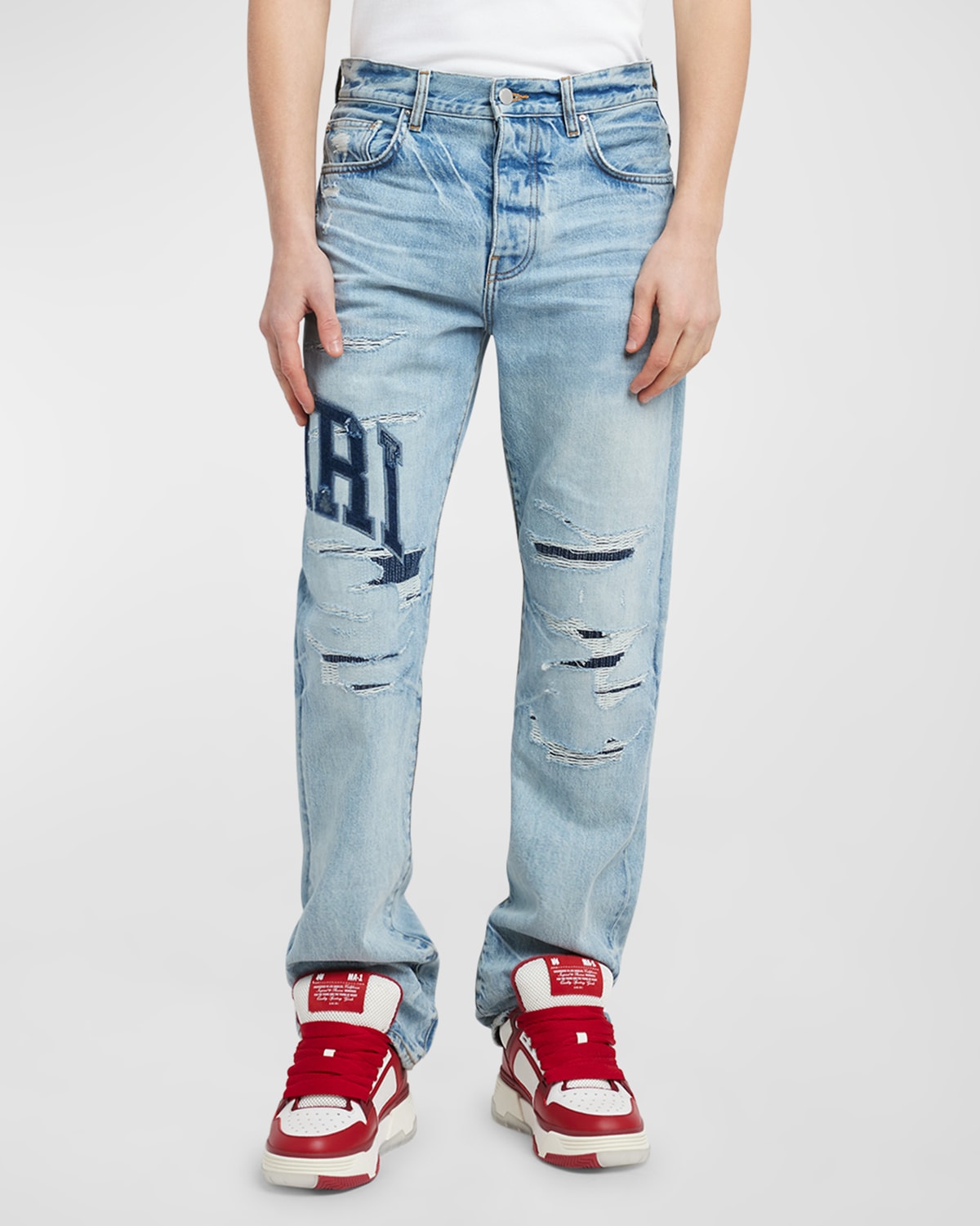 Amiri Men's Varsity Logo Repair Straight-leg Jeans In Perfect Indigo