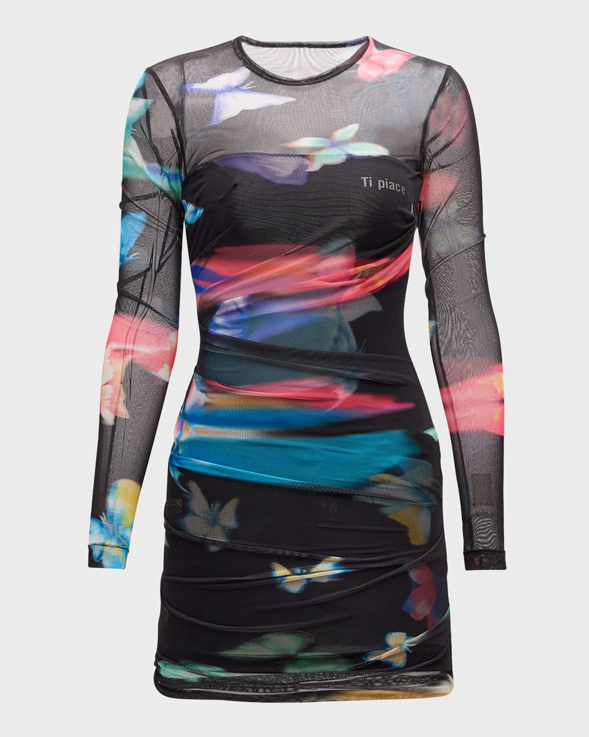 Long-Sleeve Mesh Butterfly Mini Dress