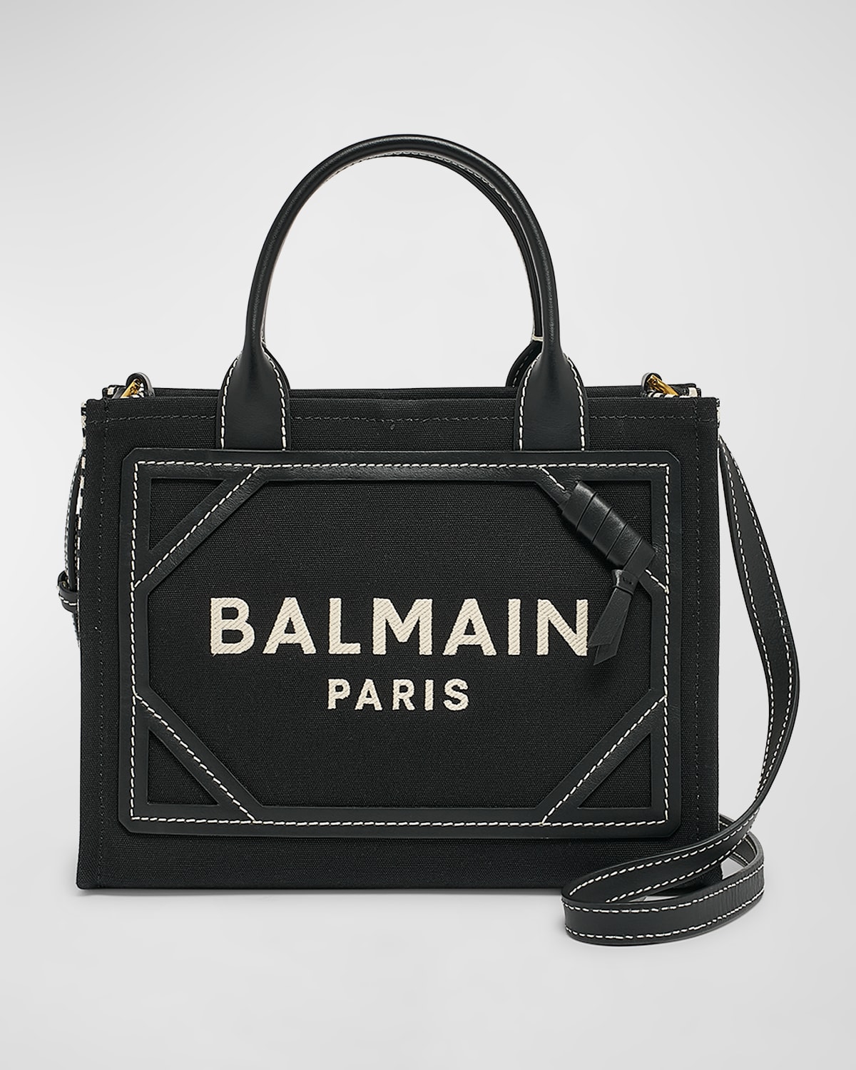 Balmain B-army Medium Shopper In Black And White Canvas And Leather In Ivoire/noir