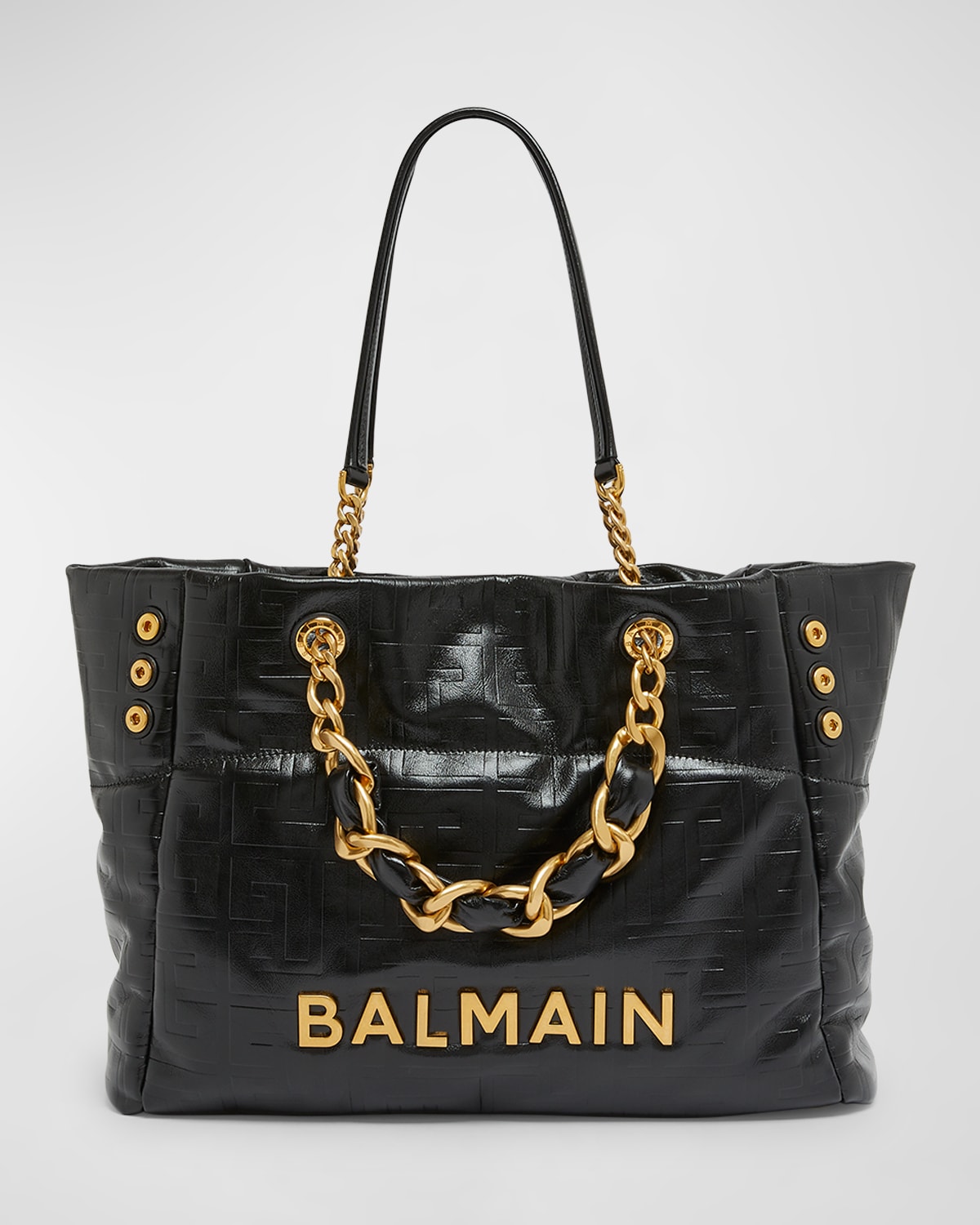 Balmain 1945 Cabas Tote Bag In Monogram Crinkled Leather In Noir