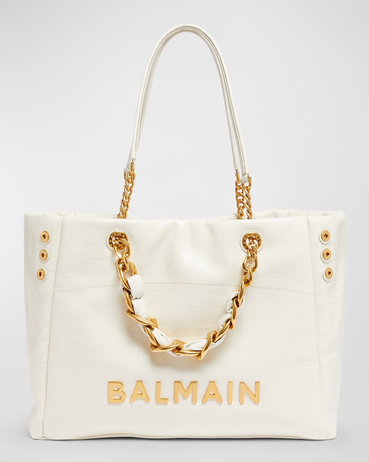 Balmain 1945 Cabas Tote Bag In Monogram Crinkled Leather In Creme