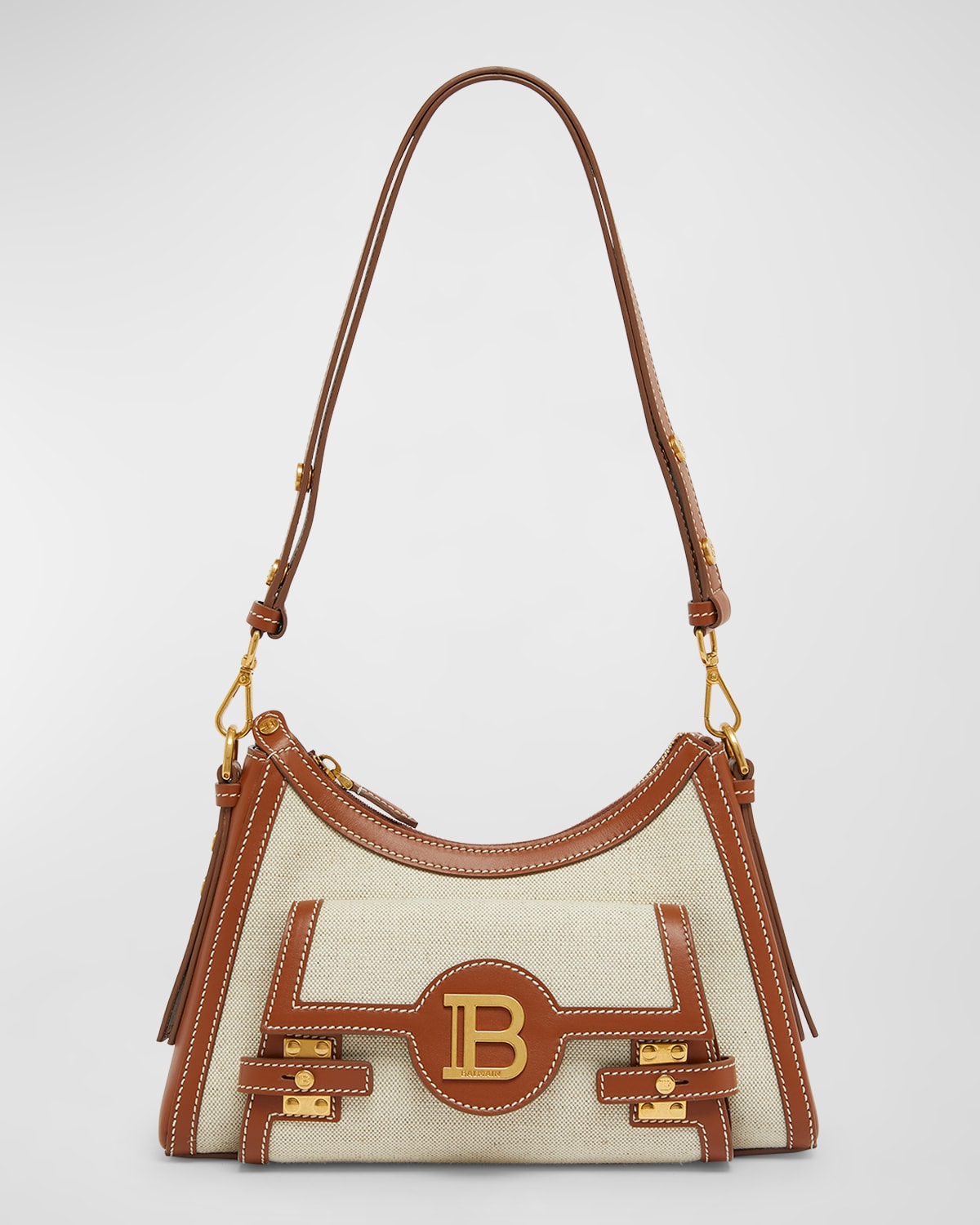 Balmain Bbuzz Hobo Bag In Canvas And Leather In Beige