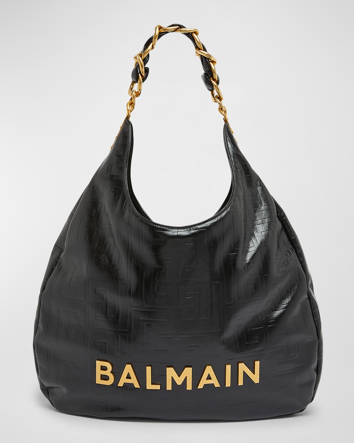 Balmain Large 1945 Soft Hobo Bag In Embossed Crinkled Calfskin With A Pb Labyrinth Monogram In Noir