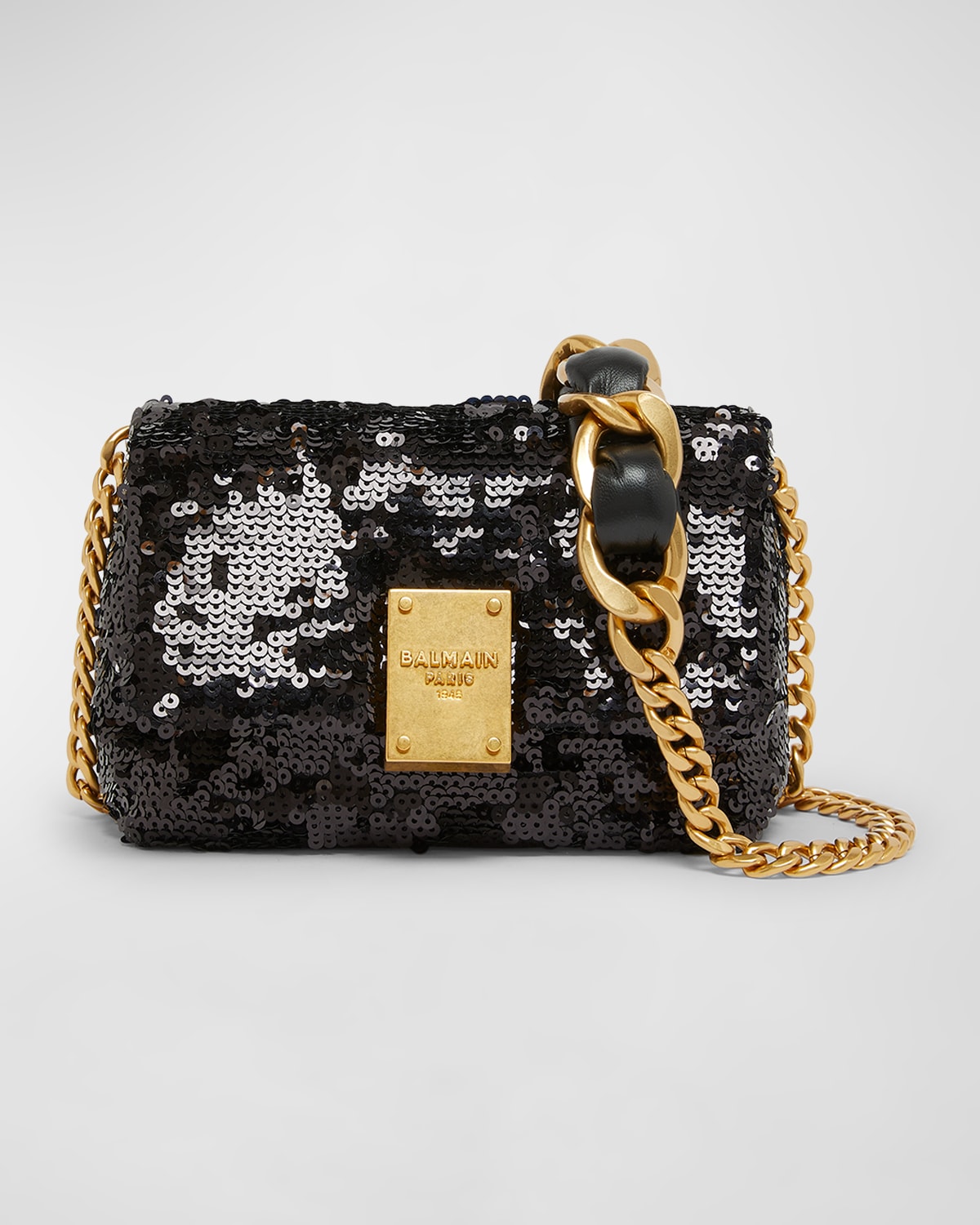 Balmain 1945 Mini Shoulder Bag In Sequin Leather In Noir