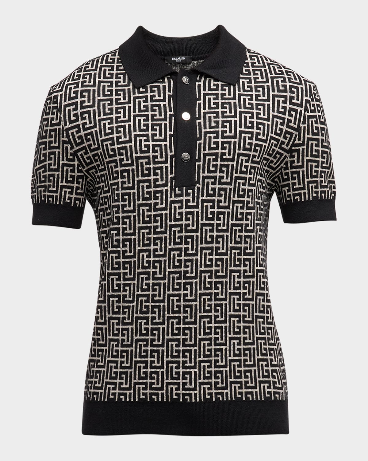 Balmain Monogram Pattern Polo With Classic Collar In Ivory/blk