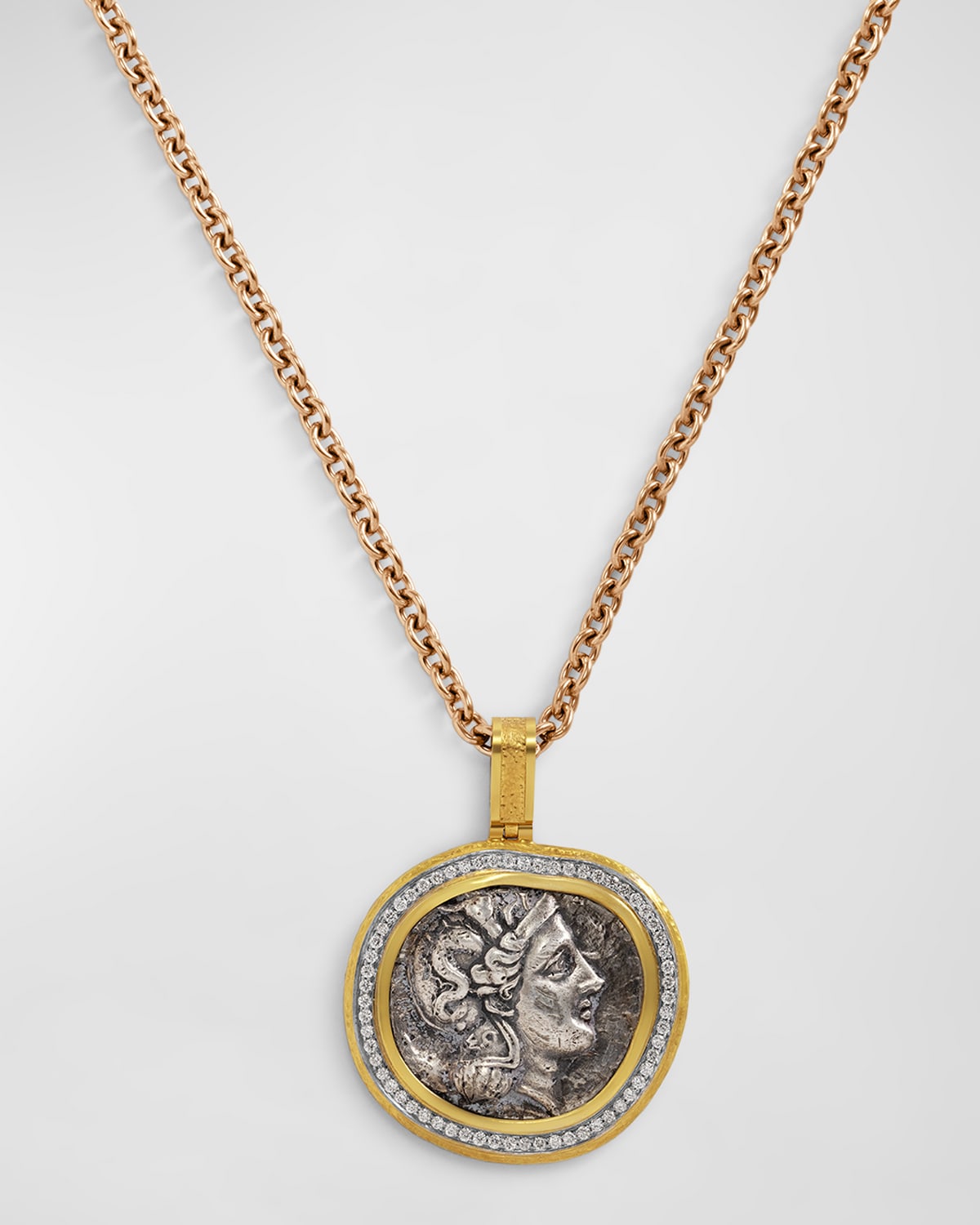 Men's 18K Yellow Gold Athena Coin and Diamond Pendant