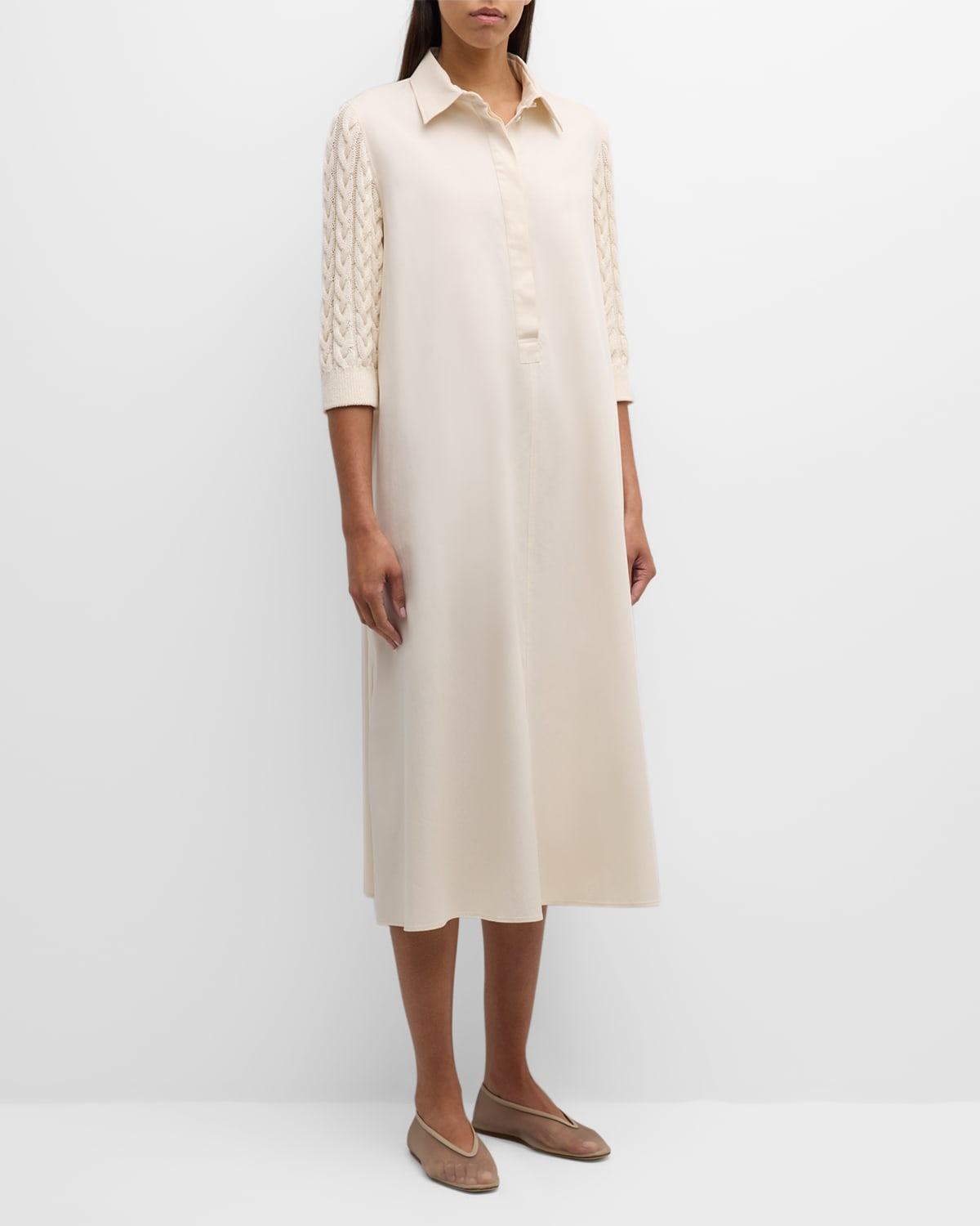 Shop Max Mara Armonia Midi Dress With Cable-knit Sleeves In Vanilla