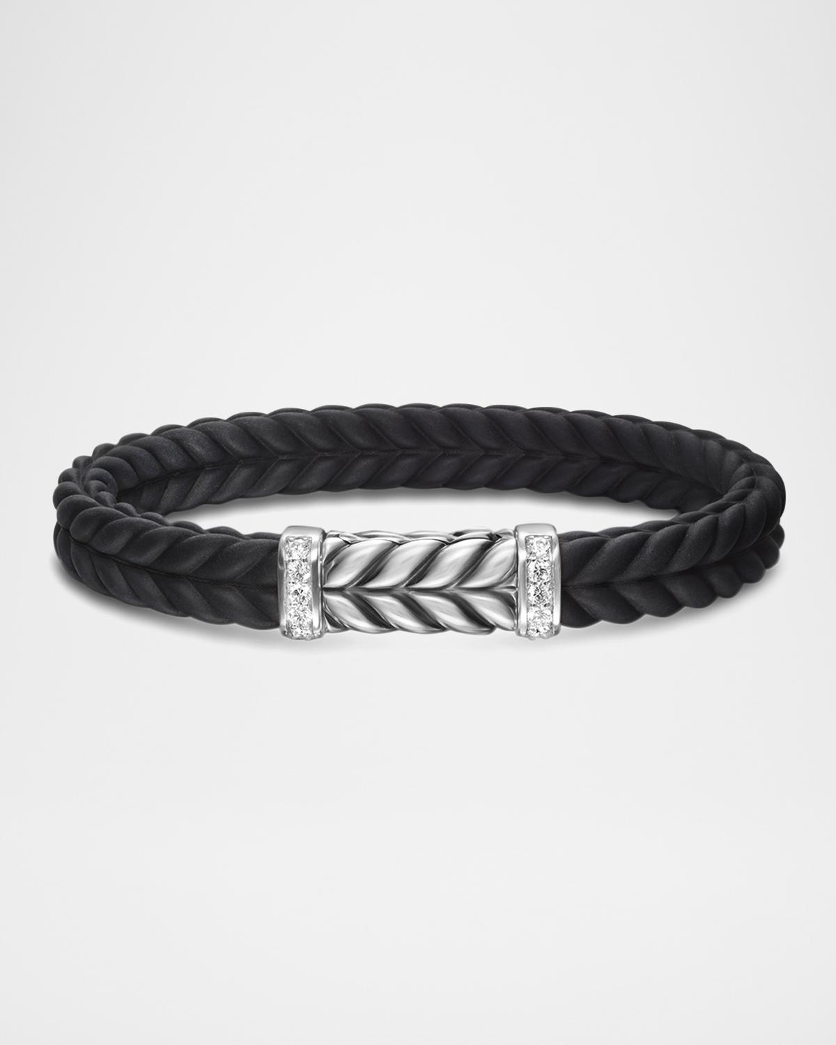 Men's Chevron Black Rubber Bracelet with Silver and Diamonds, 9mm