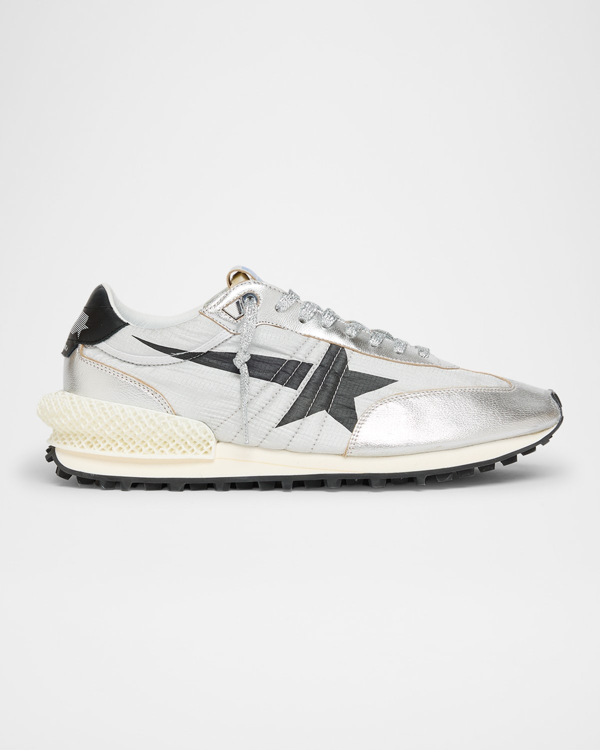 Golden Goose Marathon Nylon Sneakers With Silver Ripstop And Black Star Shoes In Silver Black