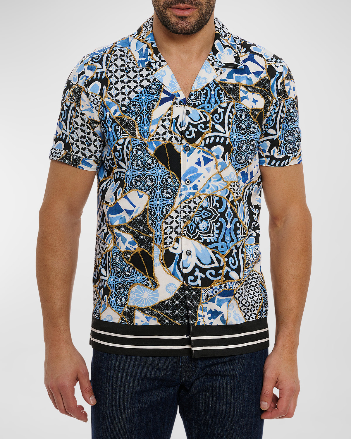 Shop Robert Graham Men's Kintsugi Patchwork Short-sleeve Shirt In Blue