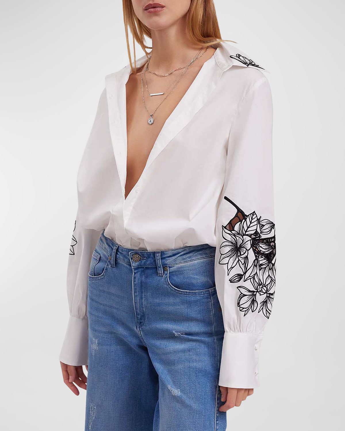 Shop Anne Fontaine Leonie Floral-embroidered Cotton Poplin Shirt In Black &amp; White