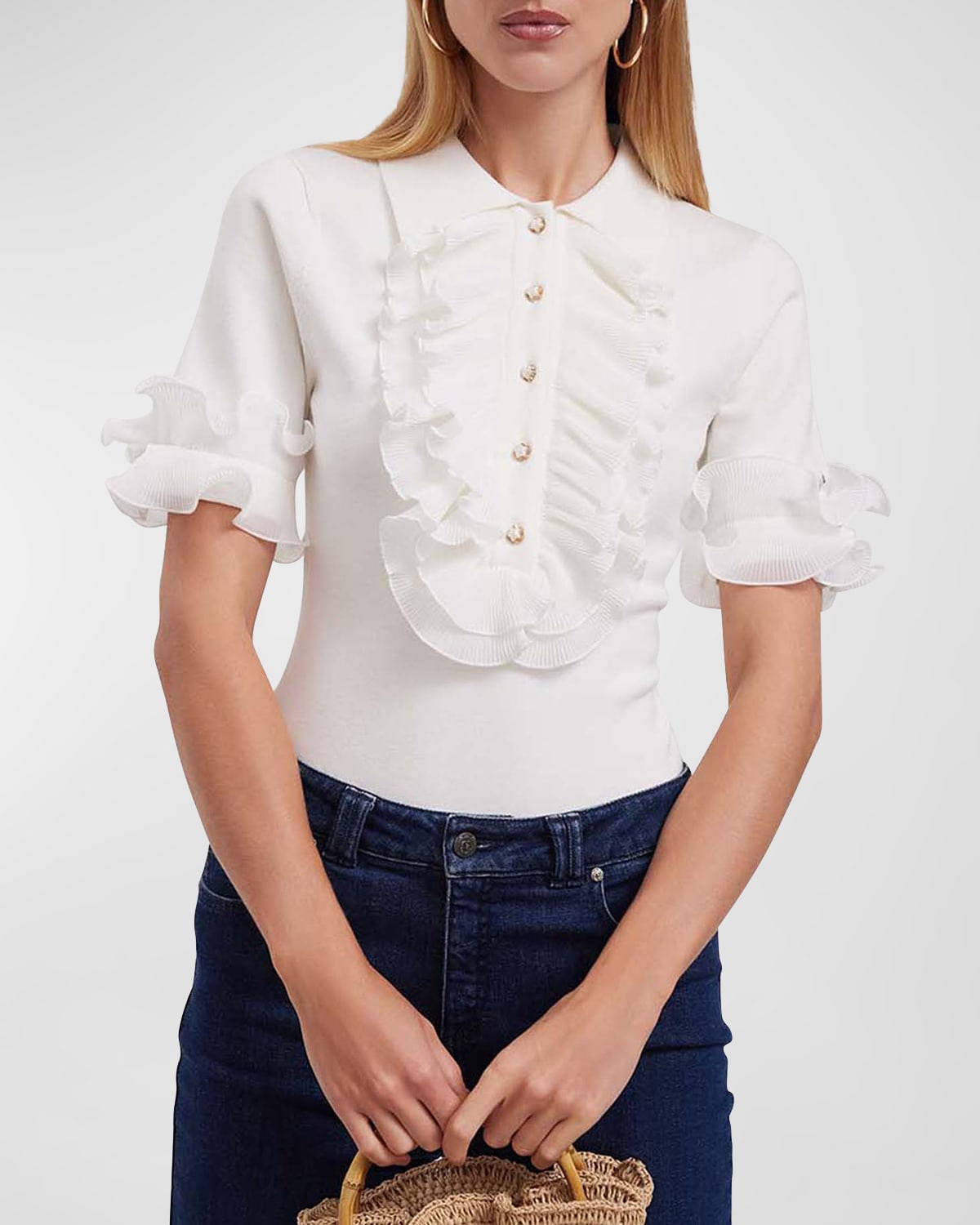 Shop Anne Fontaine Maelys Ruffle-trim Knit Shirt In White