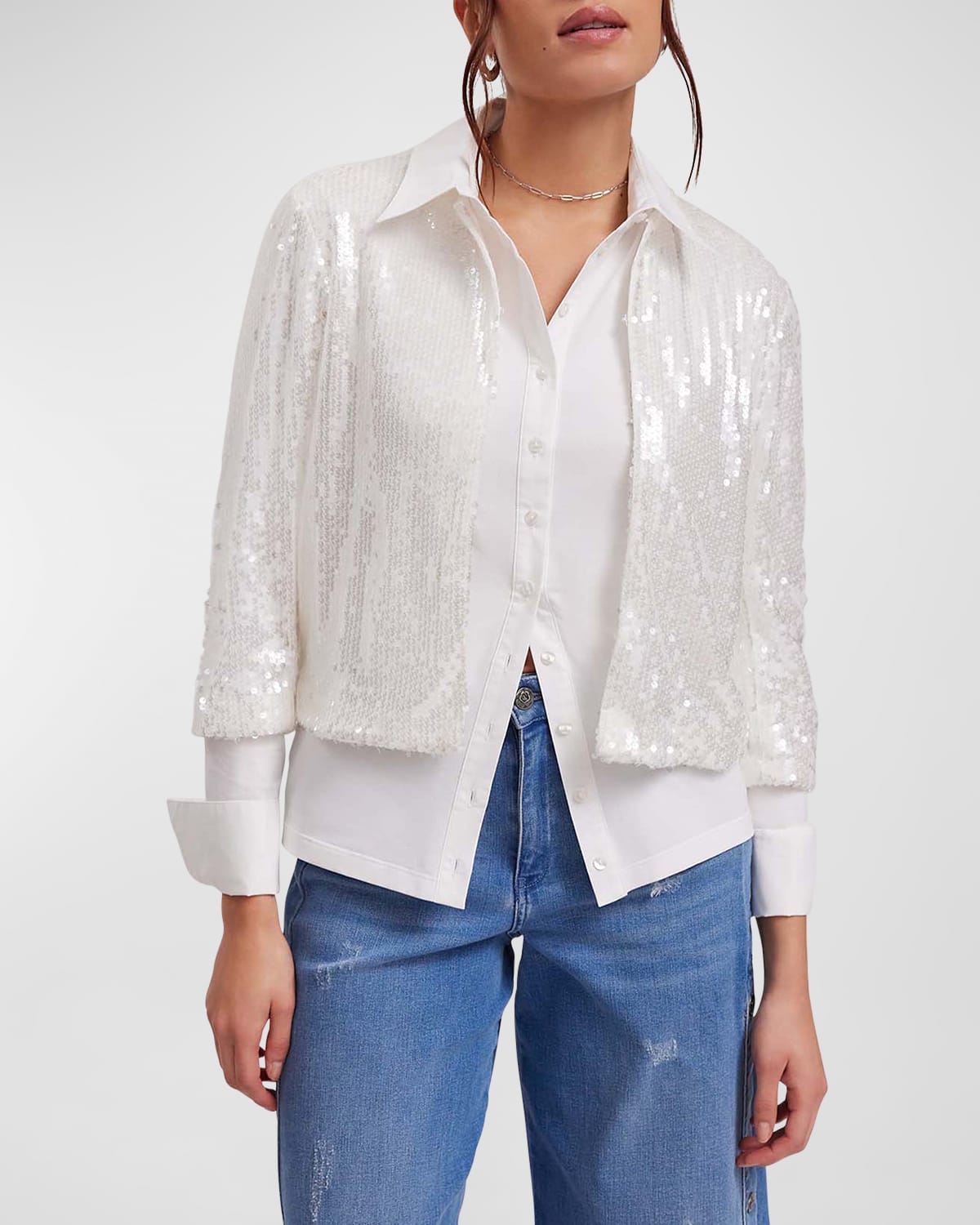 Shop Anne Fontaine Creative Boxy Cropped Sequin Jacket In White