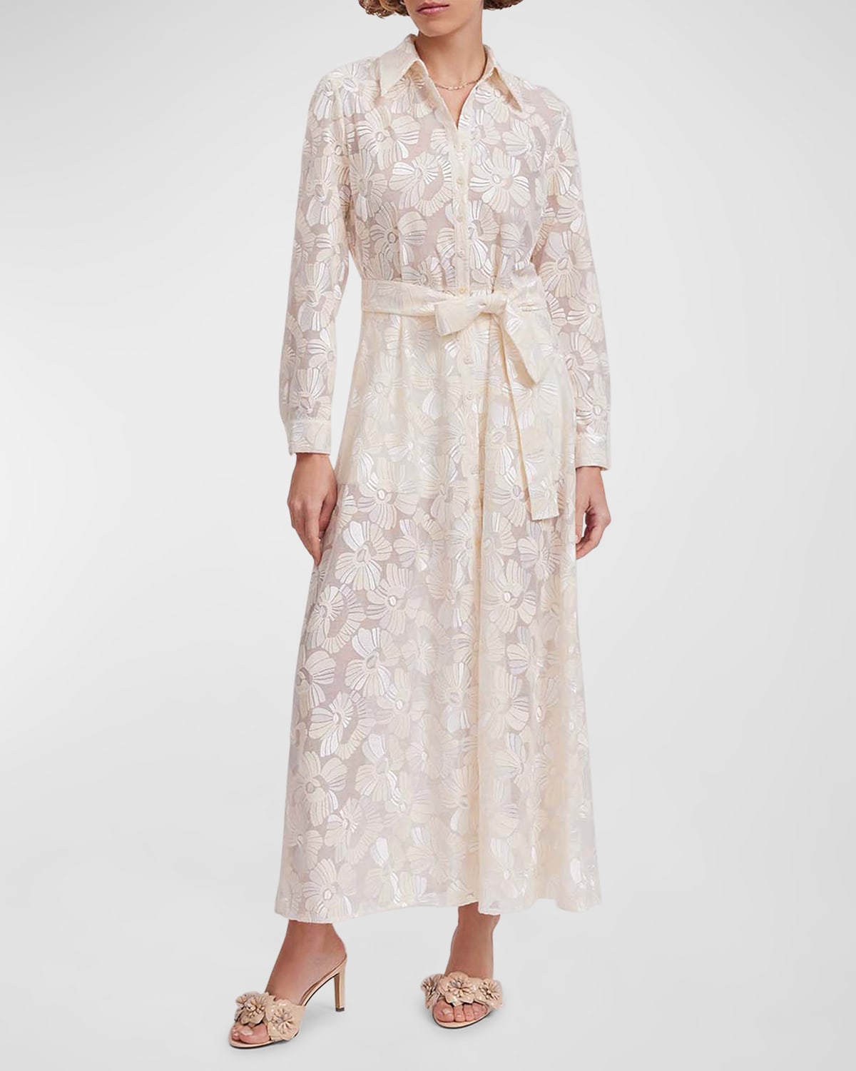 Adelie Sheer Floral-Embroidered Maxi Shirtdress