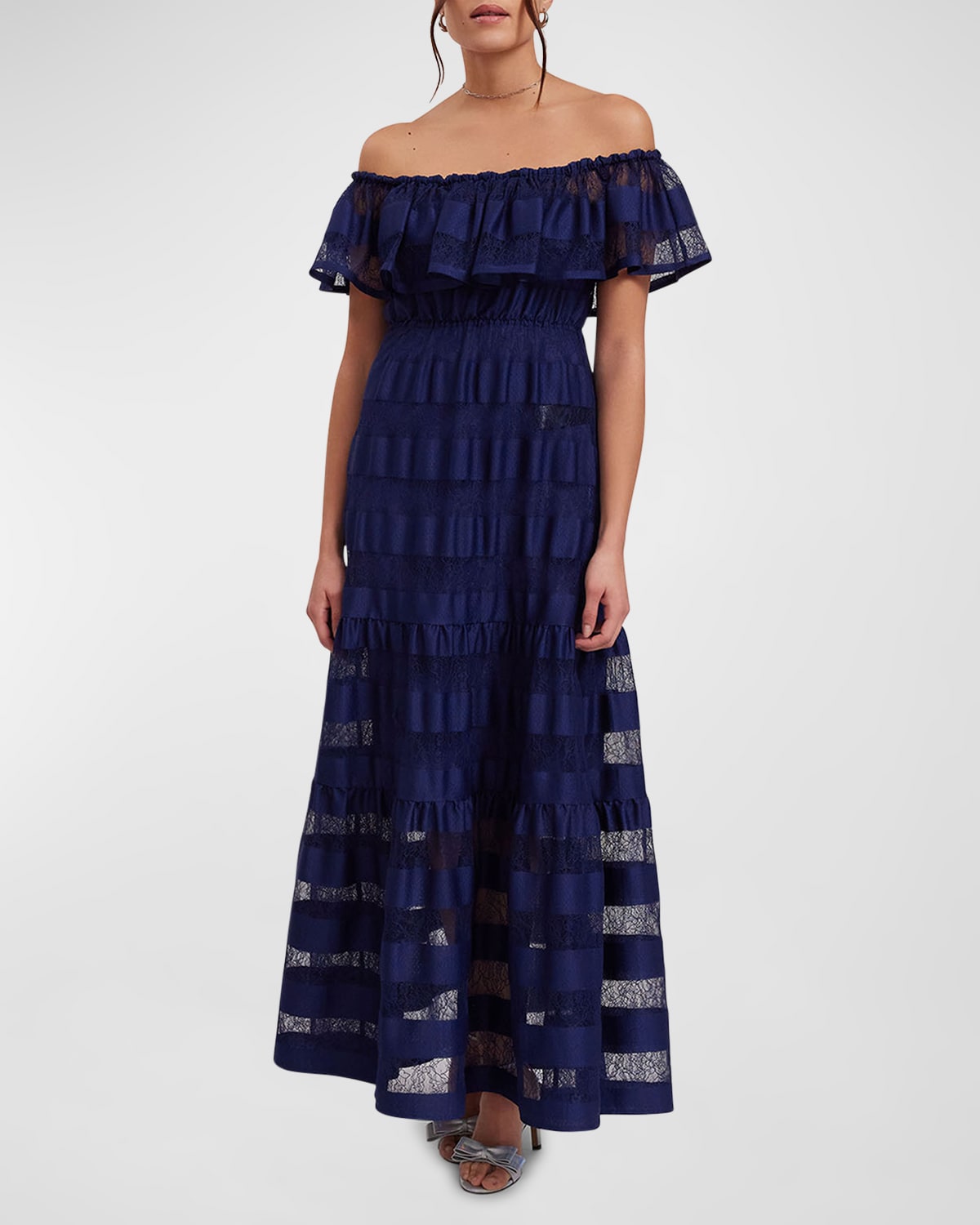 Valeriane Off-Shoulder Striped Lace Maxi Dress